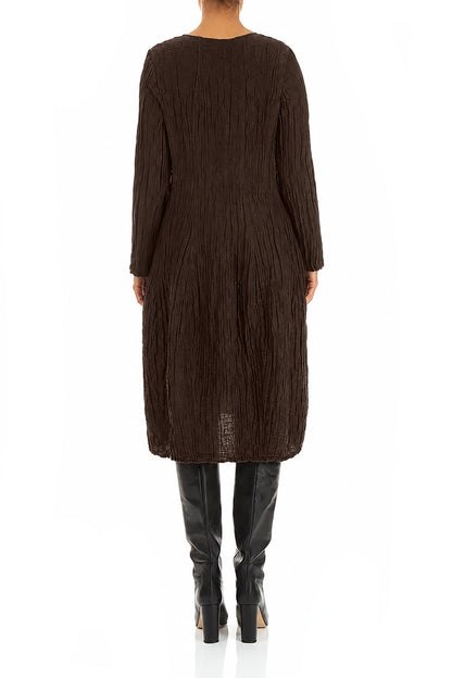 Long Sleeve Balloon Crinkled Truffle Brown Silk Linen Dress