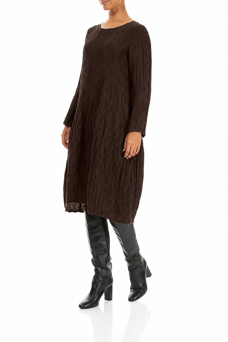 Long Sleeve Balloon Crinkled Truffle Brown Silk Linen Dress