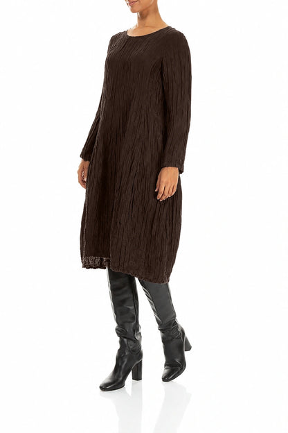 Long Sleeve Balloon Crinkled Truffle Brown Silk Linen Dress