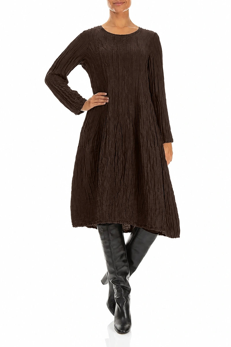 Long Sleeve Balloon Crinkled Truffle Brown Silk Linen Dress