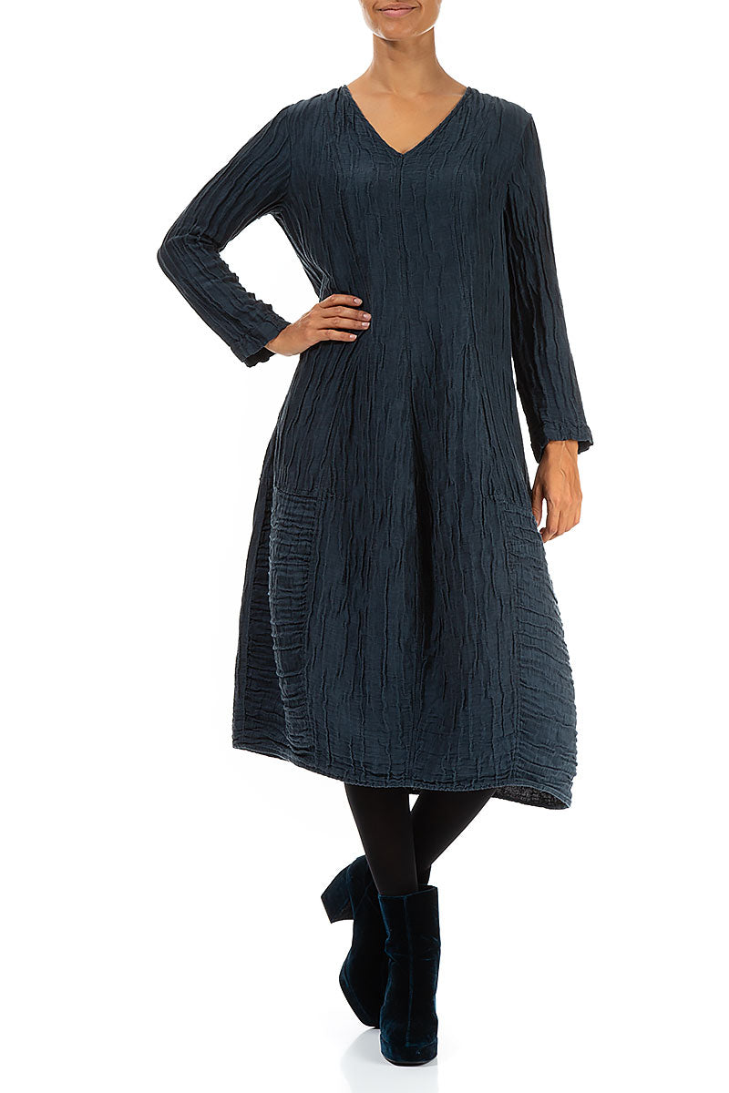 Long Sleeves V-Neck Crinkled Midnight Blue Silk Dress 4