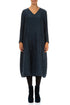 Long Sleeves V-Neck Crinkled Midnight Blue Silk Dress 1