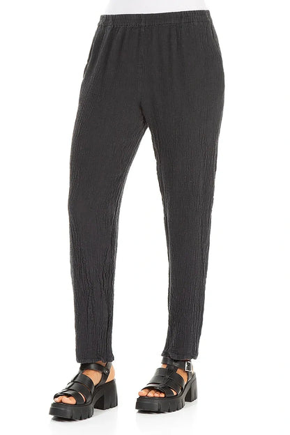 Long Tapered Graphite Linen Viscose Trousers 4