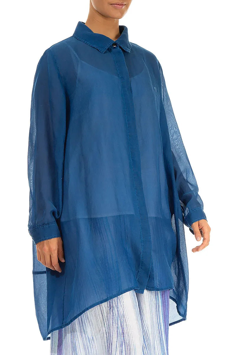 Longer Back Cobalt Blue Silk Cotton Shirt 3