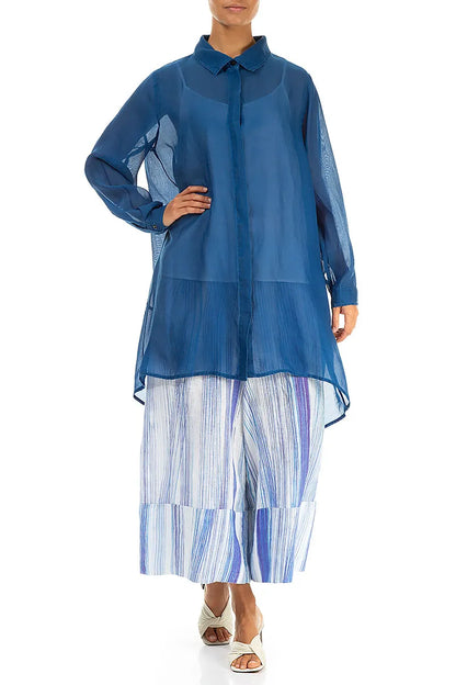 Longer Back Cobalt Blue Silk Cotton Shirt 4