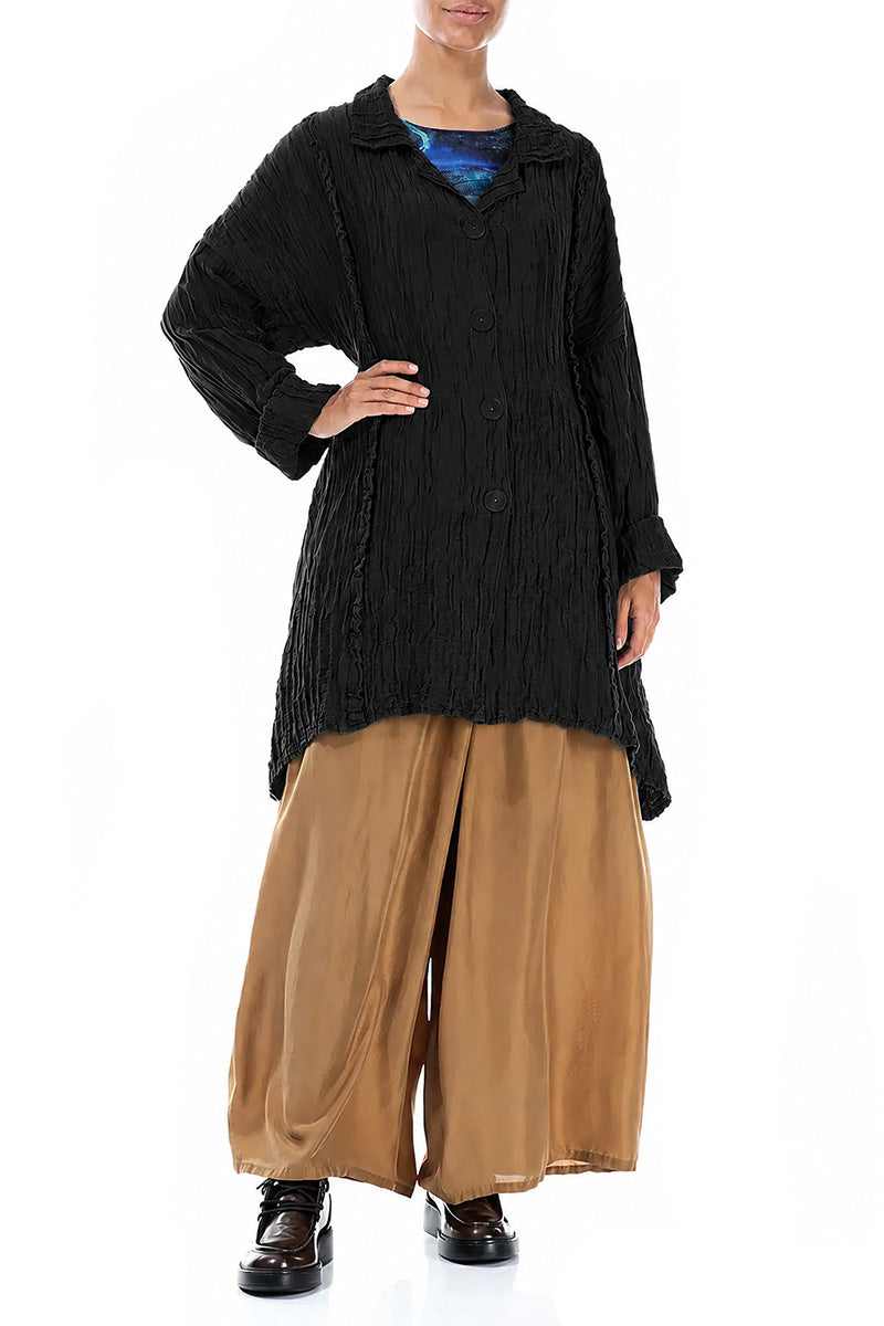 Longer Back Crinkled Black Silk Linen Jacket 4
