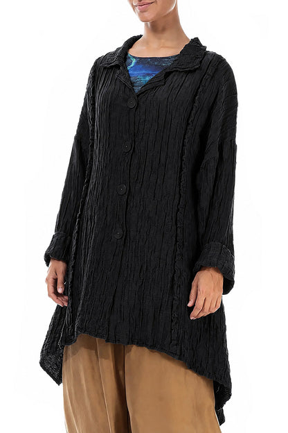 Longer Back Crinkled Black Silk Linen Jacket 3