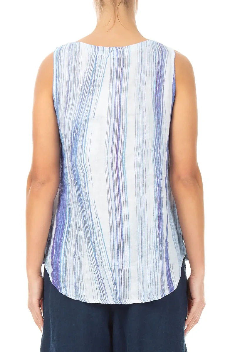 Longer Back Sleeveless Blue Wash Stripe Linen Top 2
