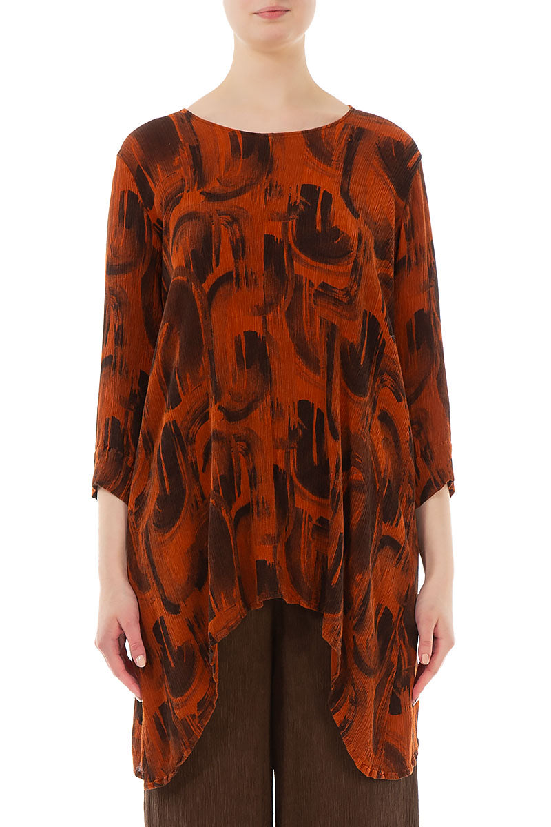 Longer Edge Burnt Orange Paintwave Silk Viscose Tunic 1