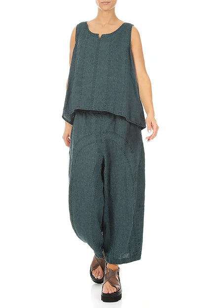 Loose Back Pockets Teal Linen Trousers 4