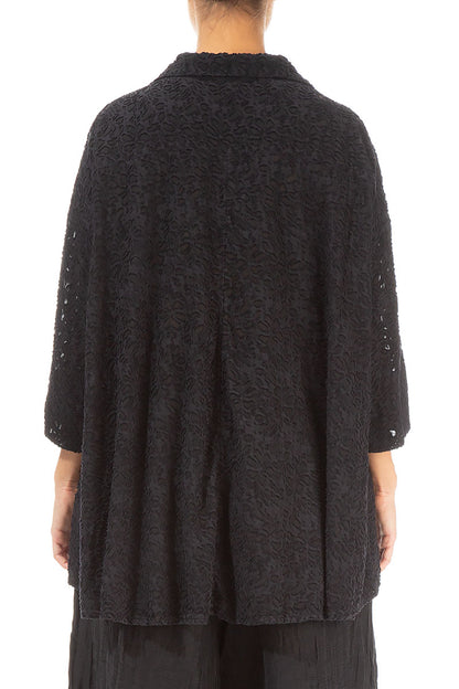 Loose Black Floral Texture Silk Shirt