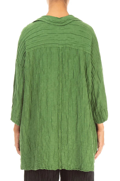 Loose Crinkled Shamrock Green Silk Linen Shirt 2