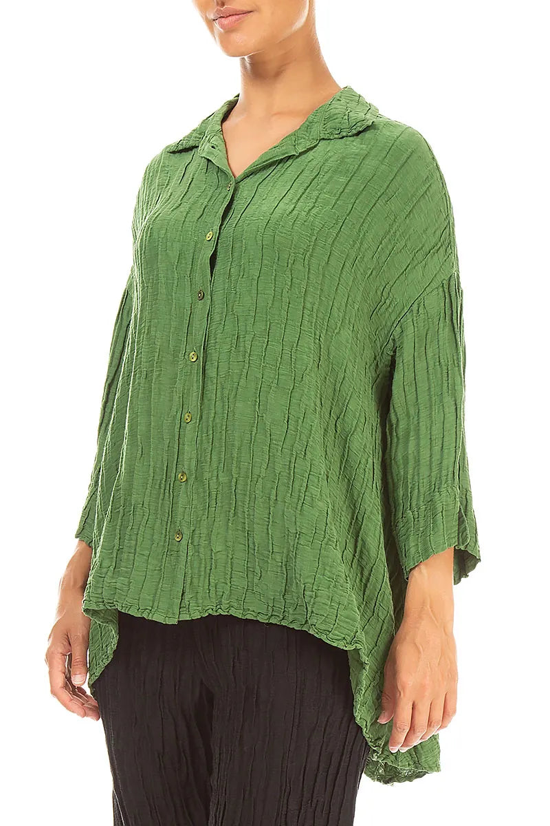 Loose Crinkled Shamrock Green Silk Linen Shirt 3
