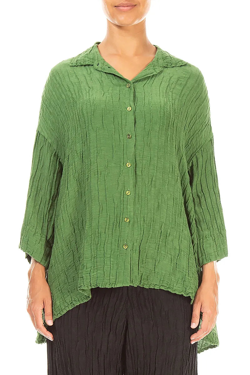 Loose Crinkled Shamrock Green Silk Linen Shirt 1