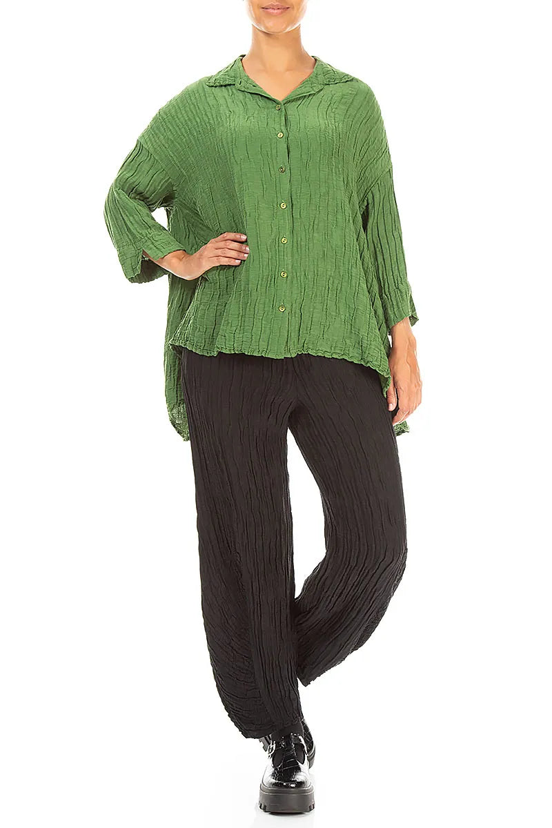 Loose Crinkled Shamrock Green Silk Linen Shirt 4