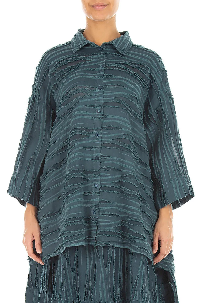 Loose Deep Turquoise Fray Weave Shirt