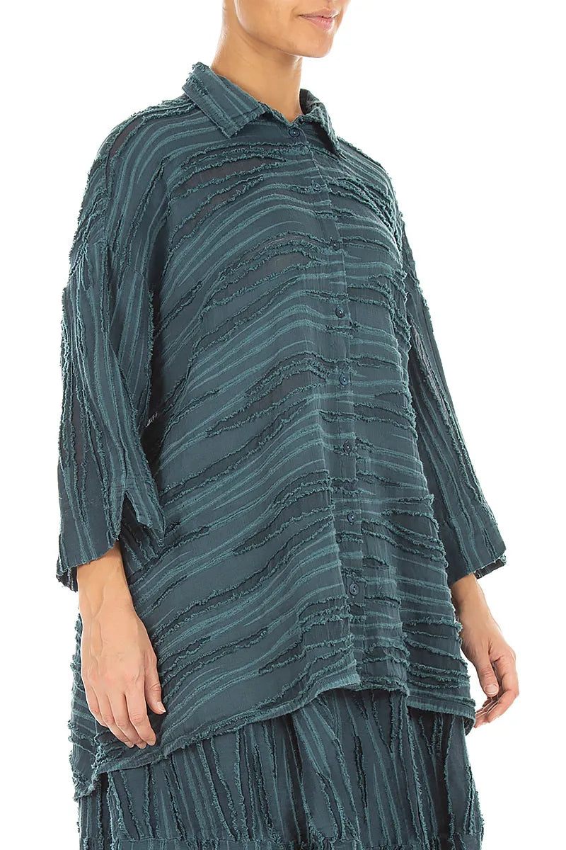 Loose Deep Turquoise Fray Weave Shirt