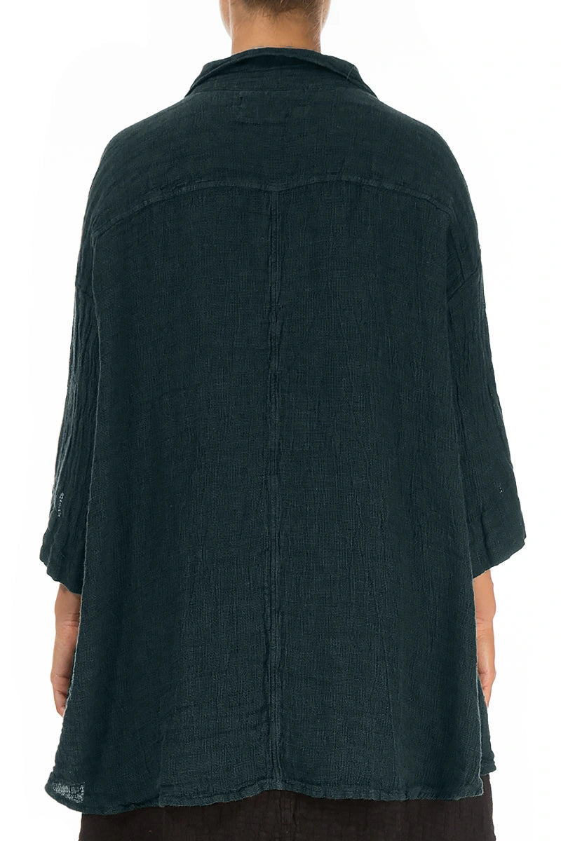 Loose Deep Turquoise Mélange Linen Shirt 2
