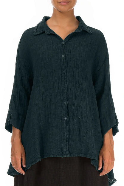 Loose Deep Turquoise Mélange Linen Shirt 1