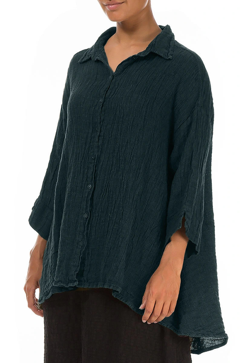 Loose Deep Turquoise Mélange Linen Shirt 3