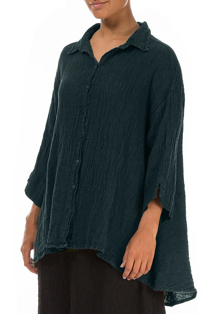 Loose Deep Turquoise Mélange Linen Shirt 3