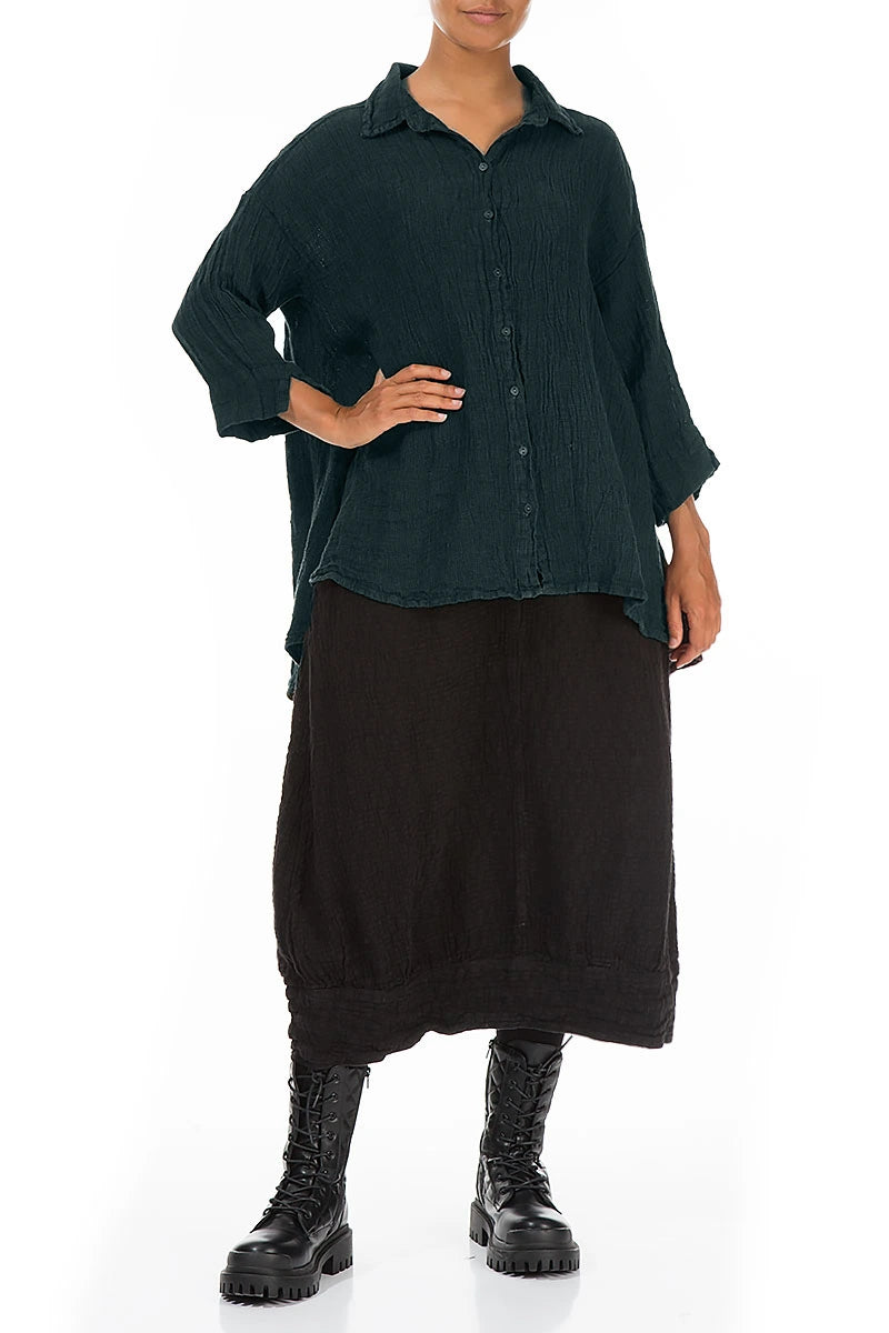 Loose Deep Turquoise Mélange Linen Shirt 4