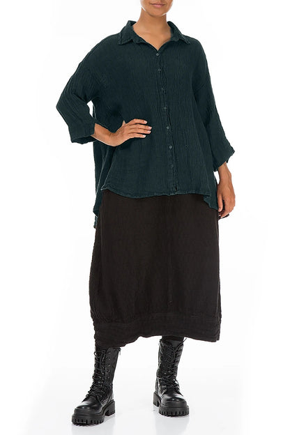 Loose Deep Turquoise Mélange Linen Shirt 4