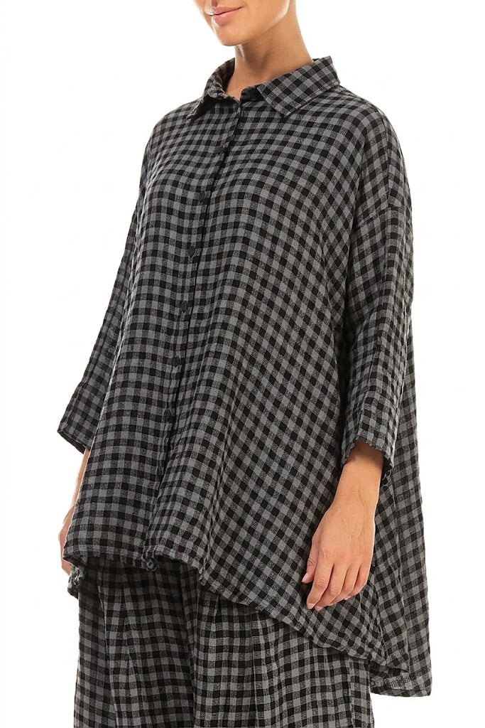 Chemise ample en lin à carreaux gris