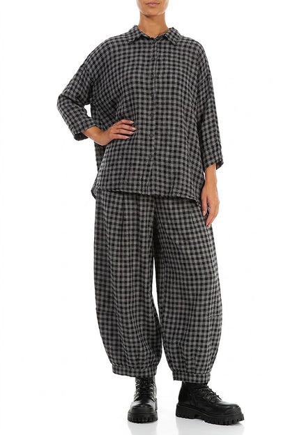 Chemise ample en lin à carreaux gris
