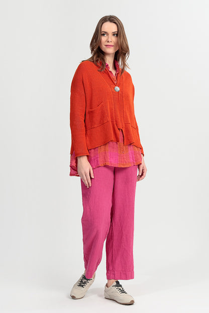 Loose Large Check Pink Orange Gauze Linen Shirt 7