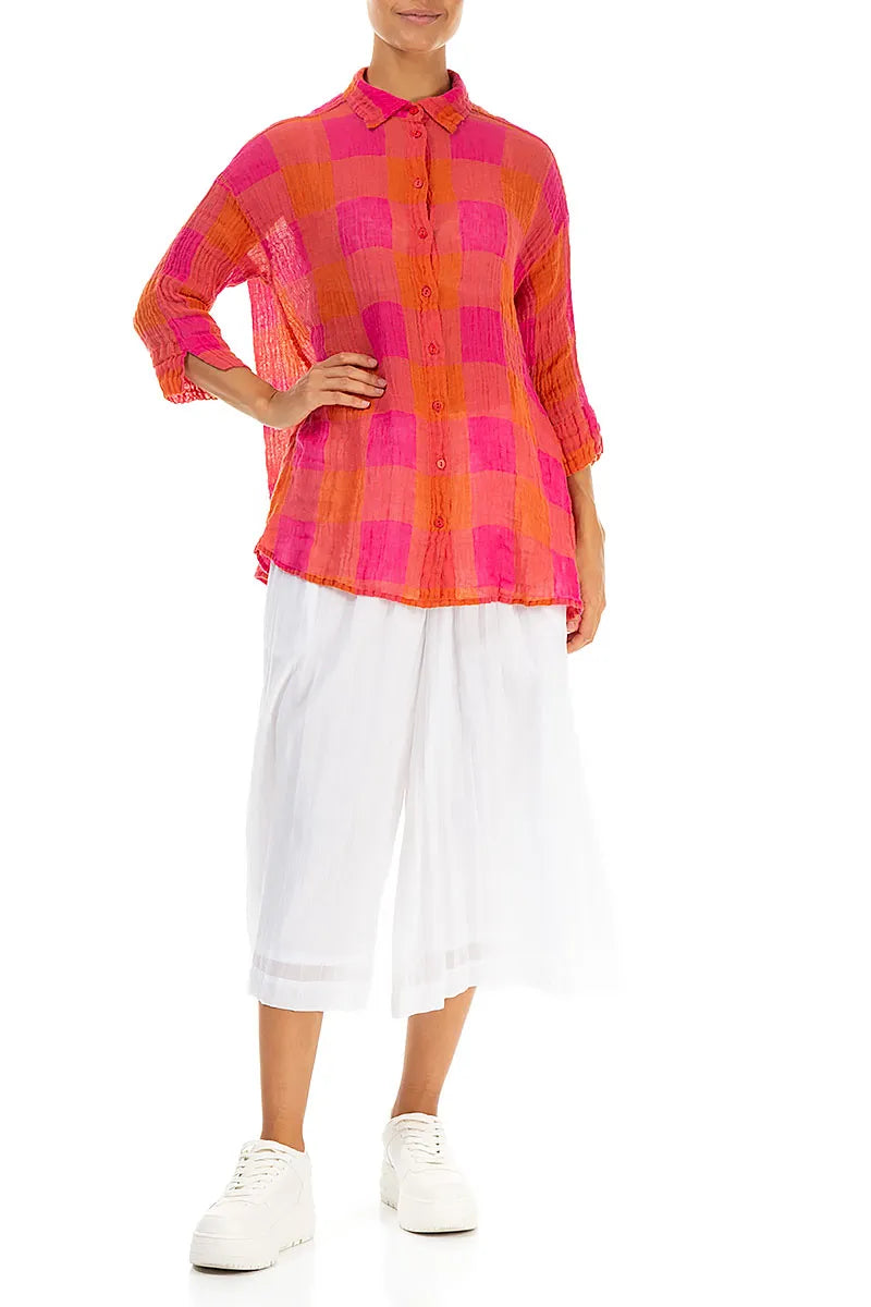 Loose Large Check Pink Orange Gauze Linen Shirt 4