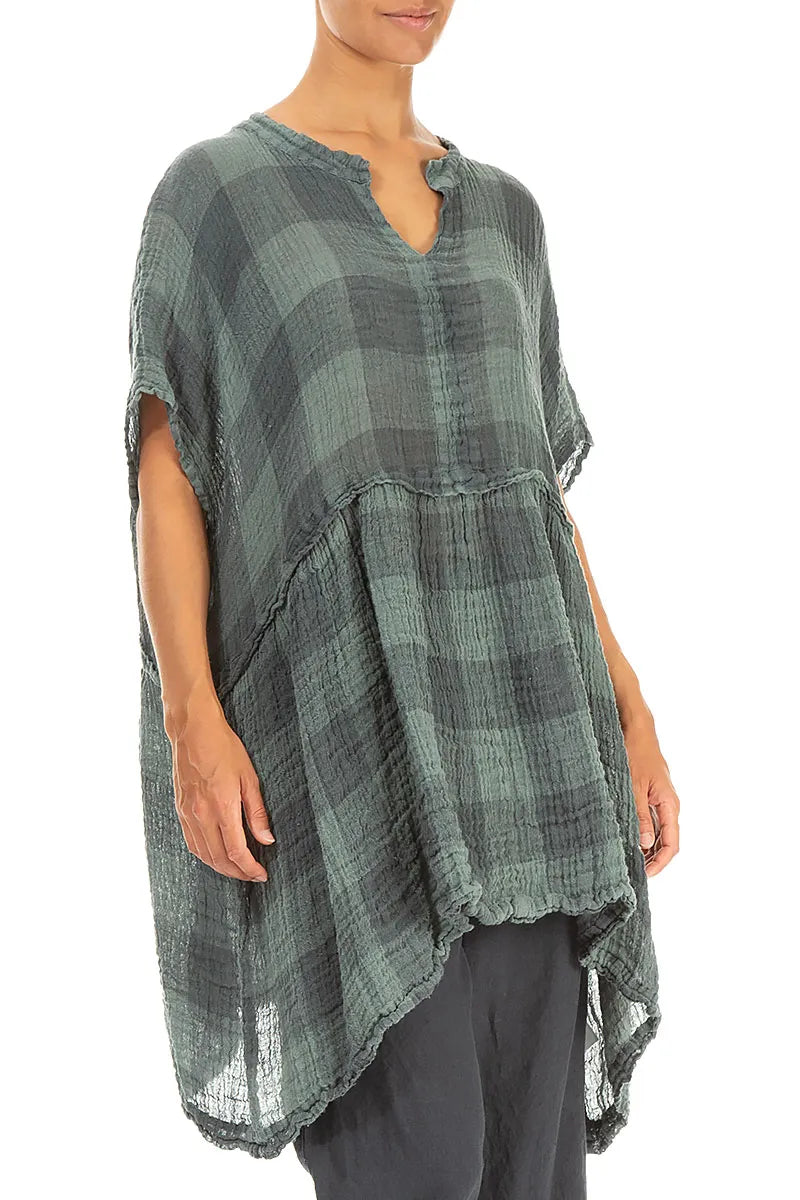 Loose Large Check Sage Gauze Linen Tunic 4
