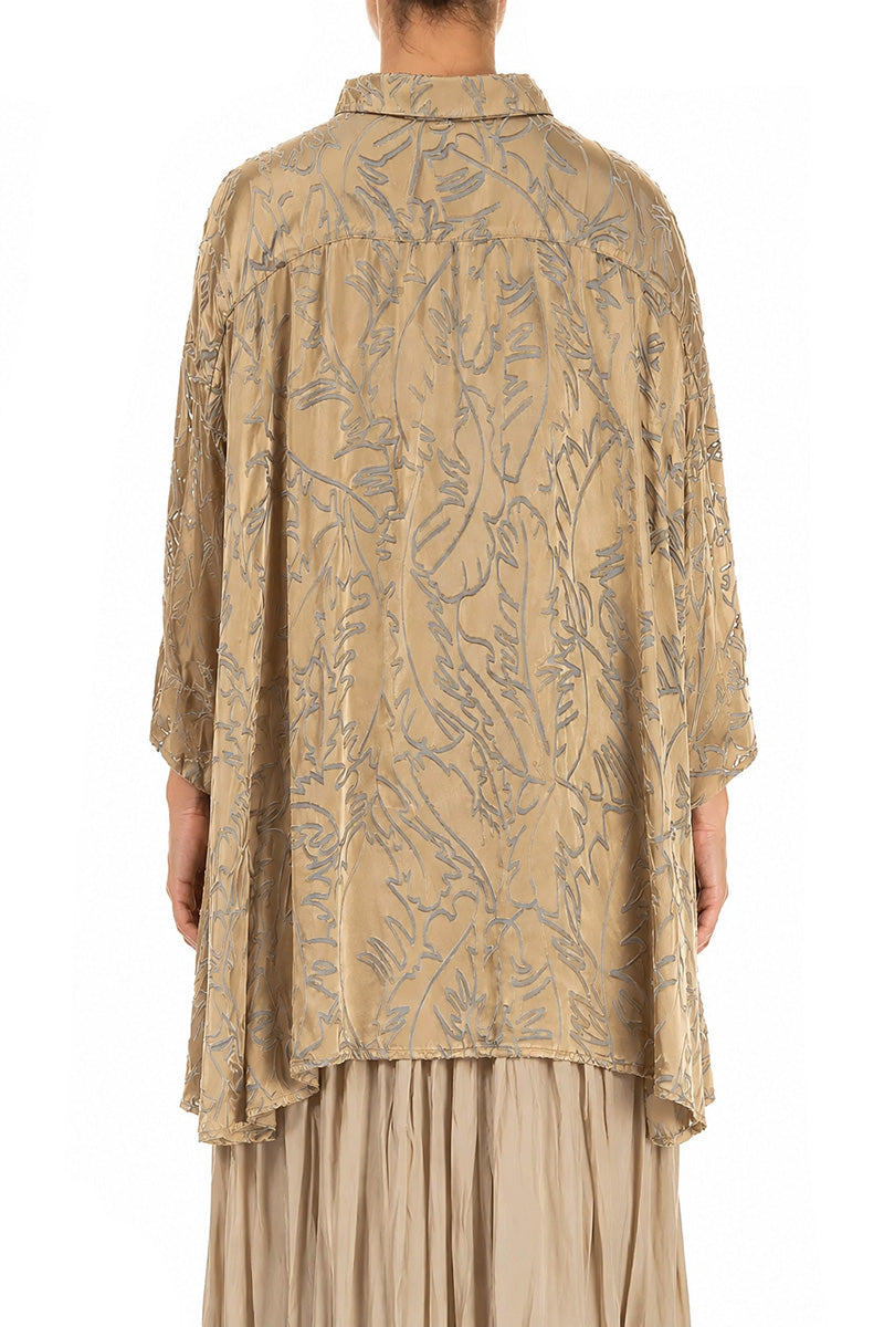 Loose Olive Devoré Feather Silk Shirt 2