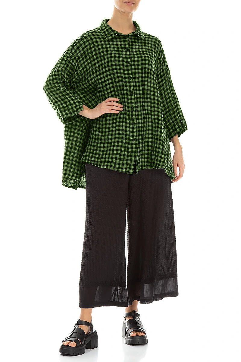 Loose Shamrock Green Check Linen Shirt 4