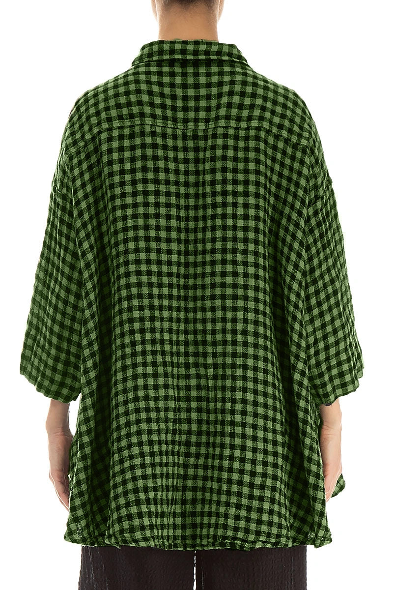 Loose Shamrock Green Check Linen Shirt 2