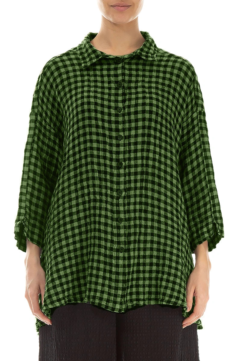 Loose Shamrock Green Check Linen Shirt 1