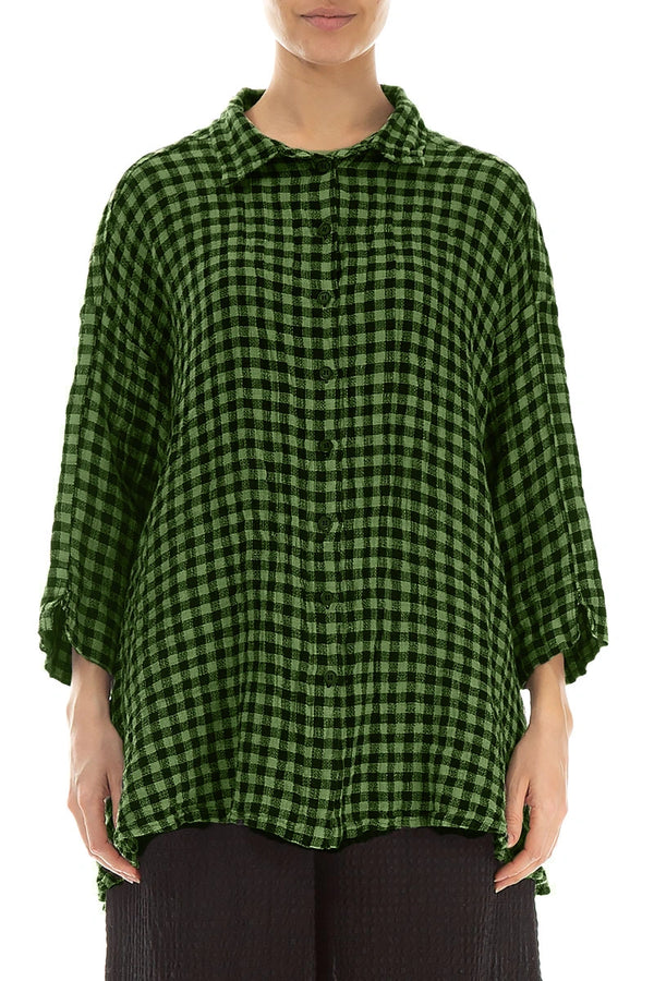 Loose Shamrock Green Check Linen Shirt 1