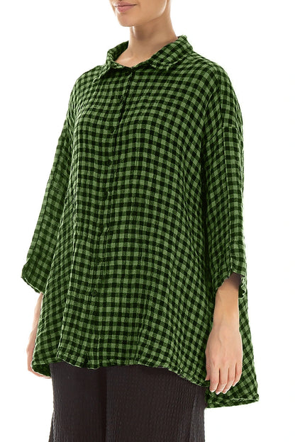 Loose Shamrock Green Check Linen Shirt 3