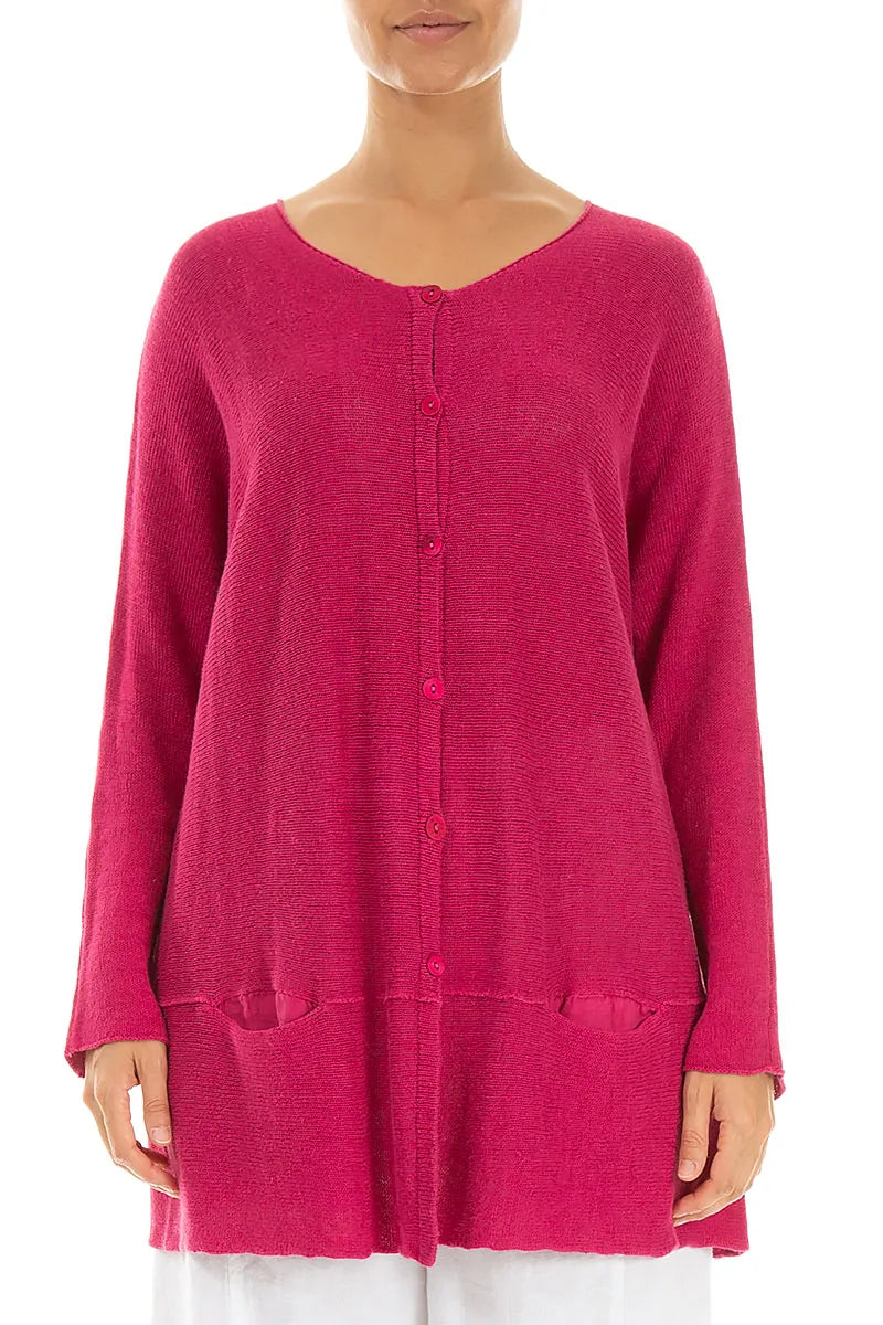 Loose Two Pockets Fuchsia Linen Cardigan 1