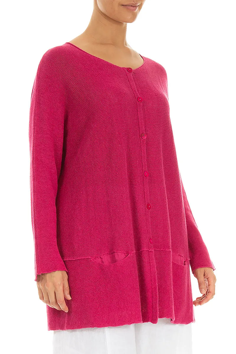 Loose Two Pockets Fuchsia Linen Cardigan 3