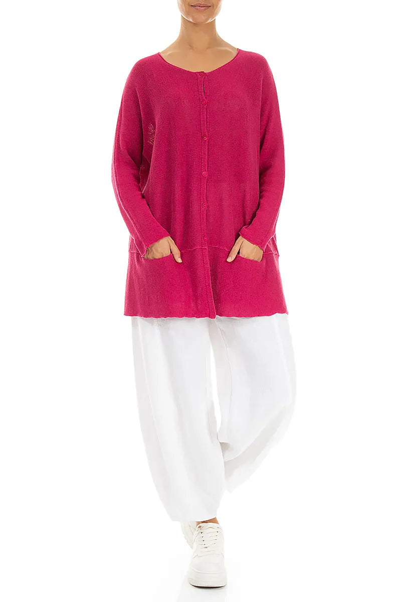 Loose Two Pockets Fuchsia Linen Cardigan 4
