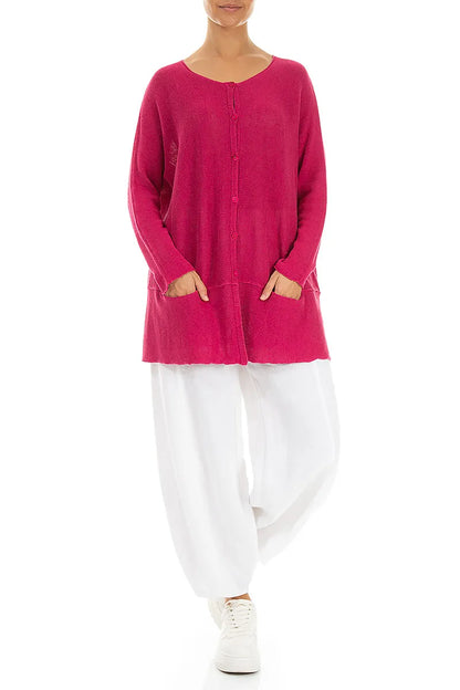 Loose Two Pockets Fuchsia Linen Cardigan 4