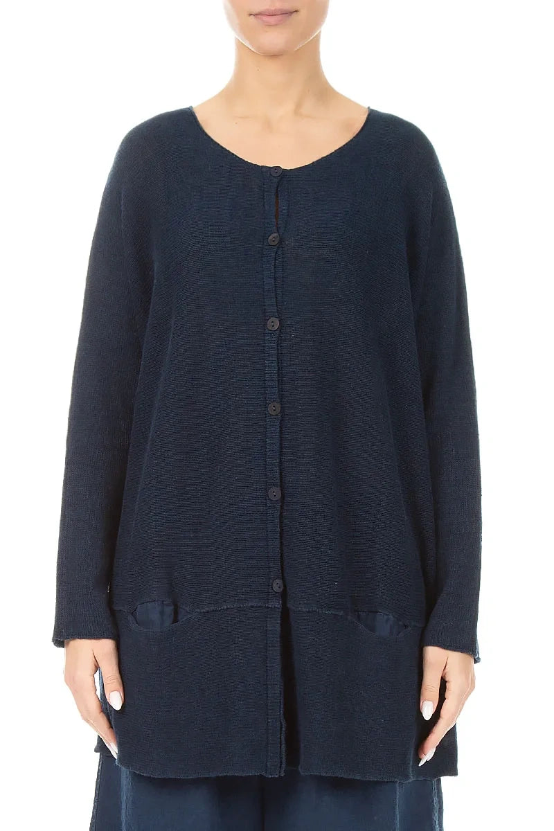 Loose Two Pockets Navy Linen Cardigan 1