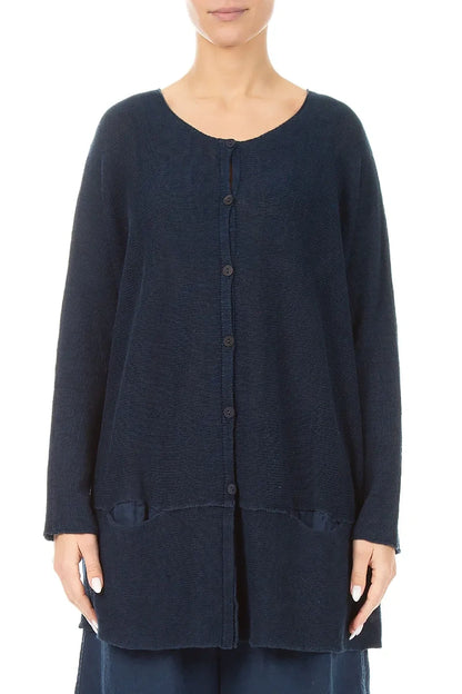 Loose Two Pockets Navy Linen Cardigan 1