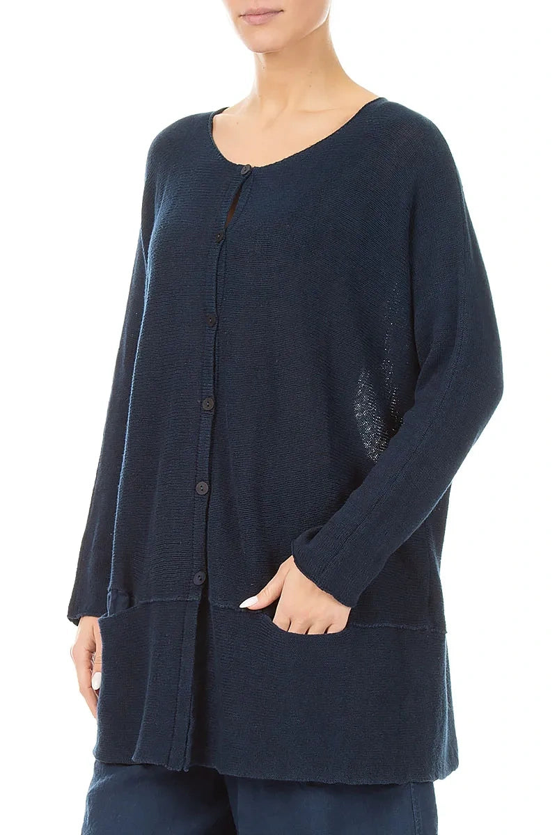 Loose Two Pockets Navy Linen Cardigan 3