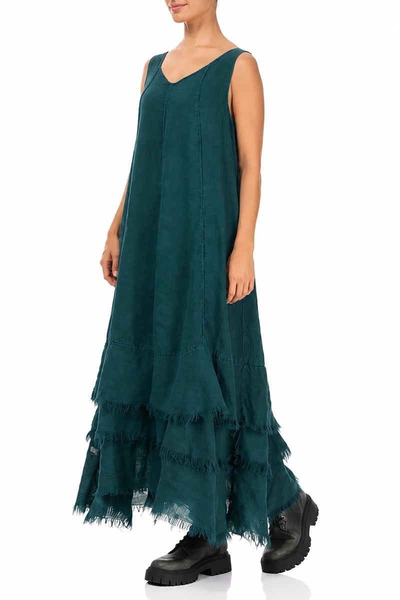 Maxi Deep Turquoise Gauze Linen Dress 4
