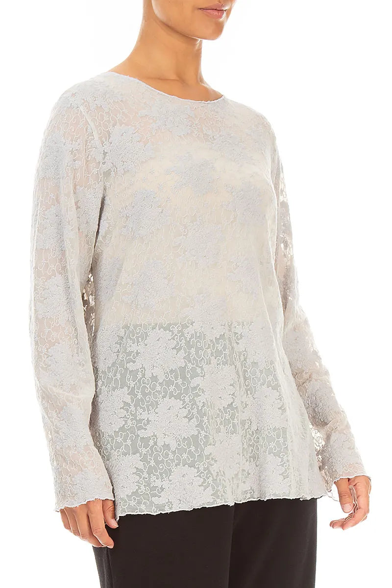 Bluse aus Baumwollspitze mit Blumenmuster in Perlgrau