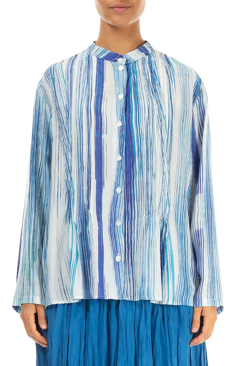 Pin-Tucked Blue Wash Stripe Silk Bamboo Shirt 1