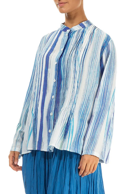 Pin-Tucked Blue Wash Stripe Silk Bamboo Shirt 3