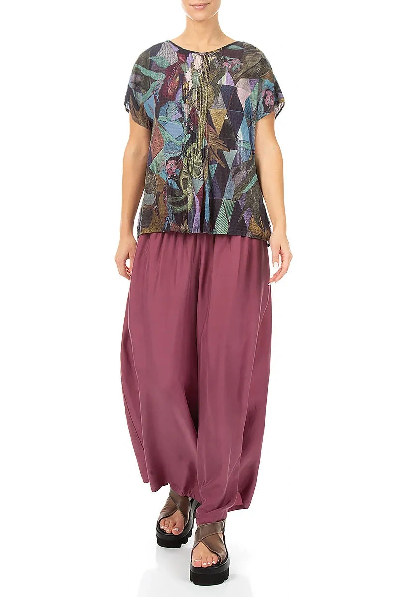 Pin Tucks Art Mosaic Textured Silk Blouse 4